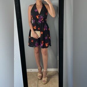Black Floral plunge Halter Mini Dress brunch vacation Garden Party feminine M
